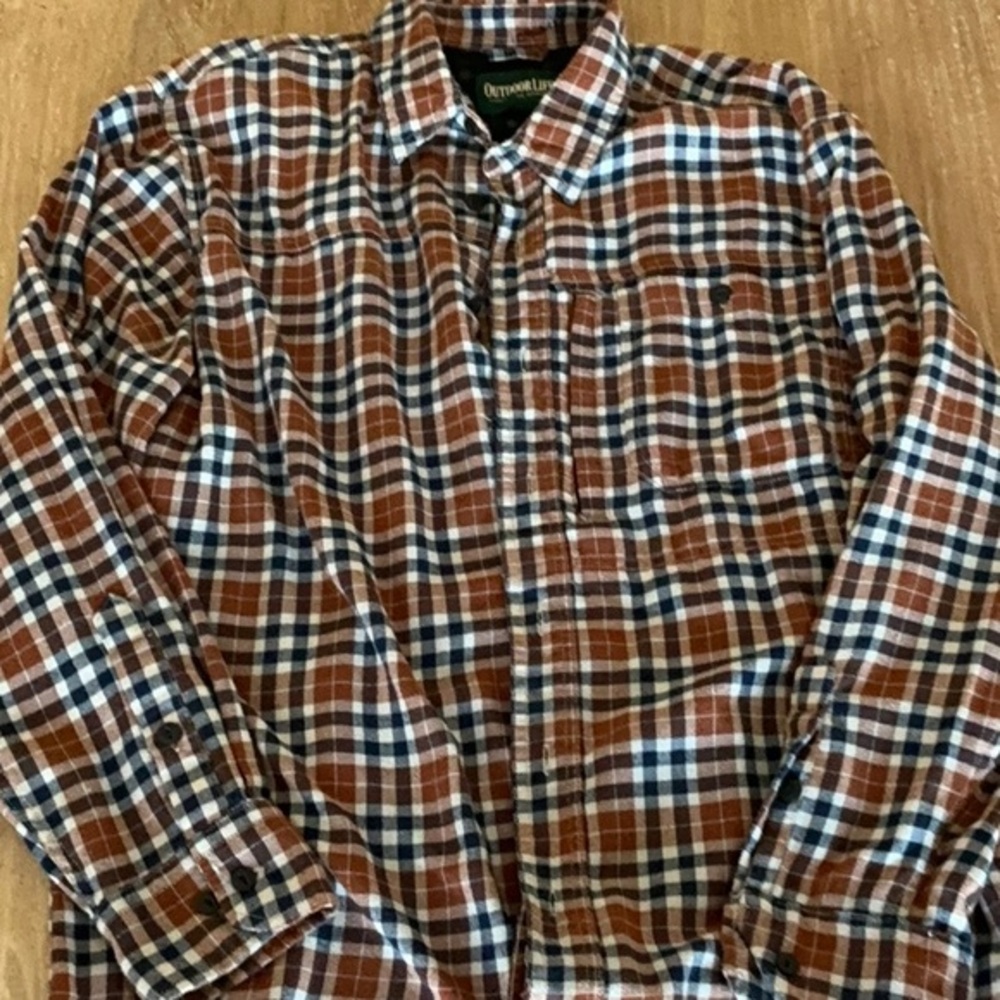 Outdoor Life Plaid Flannel‎ Shirt Brown Blue White Long Sleeve Button Up Large